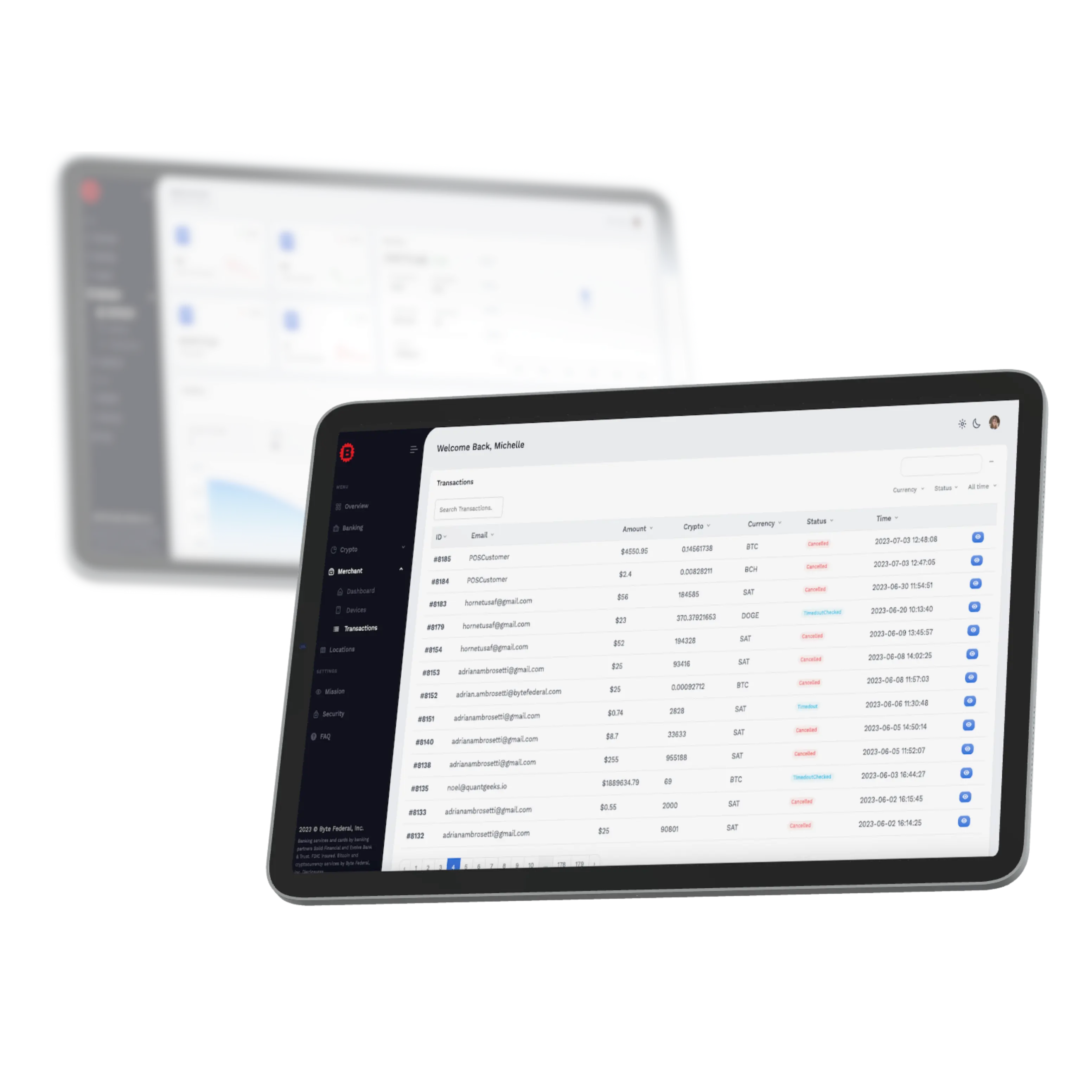 Tablet showing transaction list and history