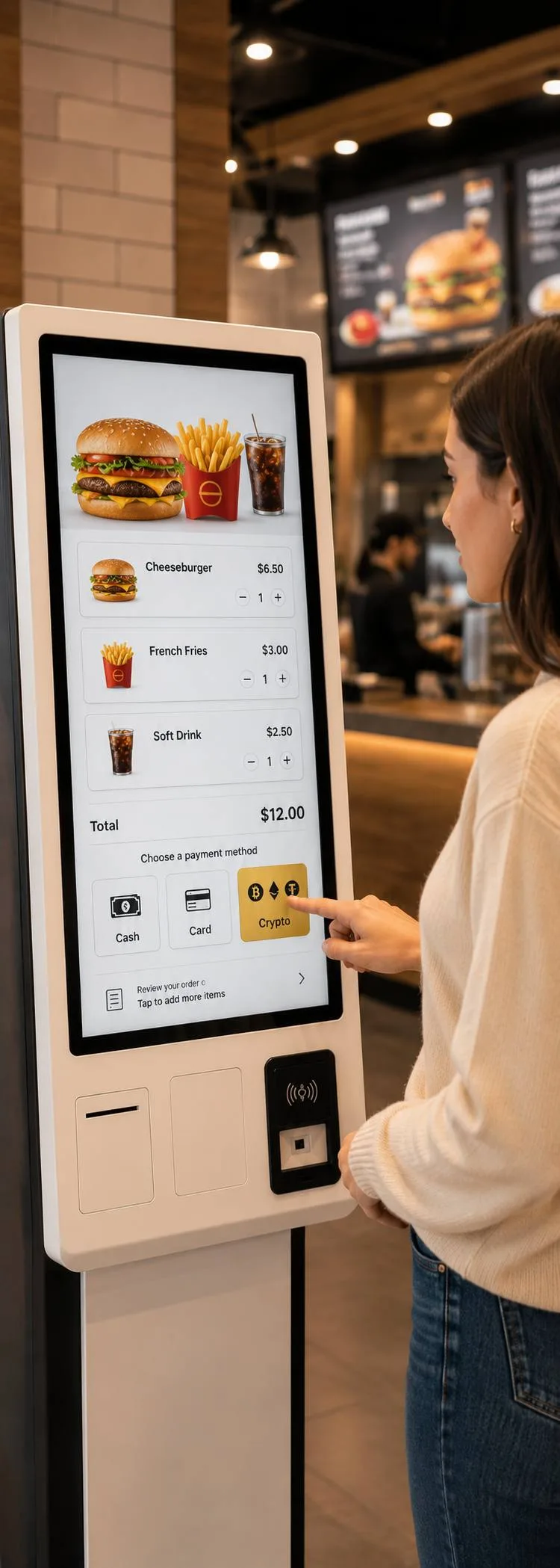 Self-service kiosk with crypto payment option