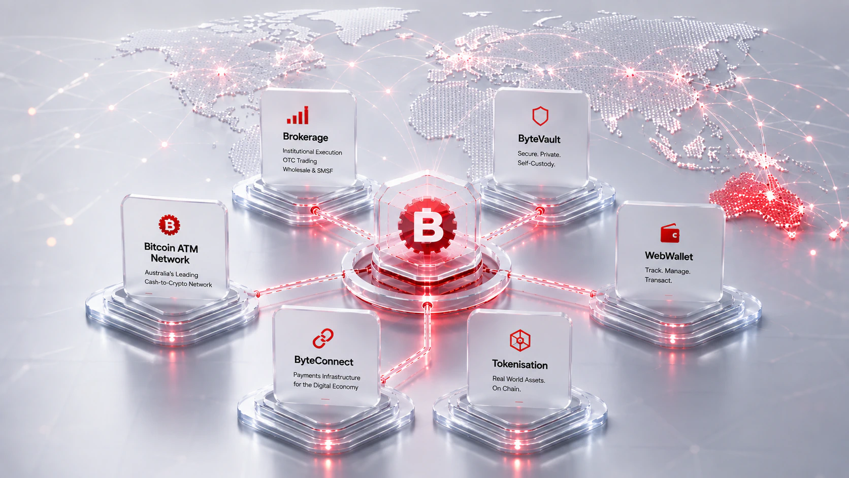 ByteFederal Australia's interconnected Bitcoin ATM Network, Brokerage, ByteVault, WebWallet, ByteConnect and Tokenisation services.