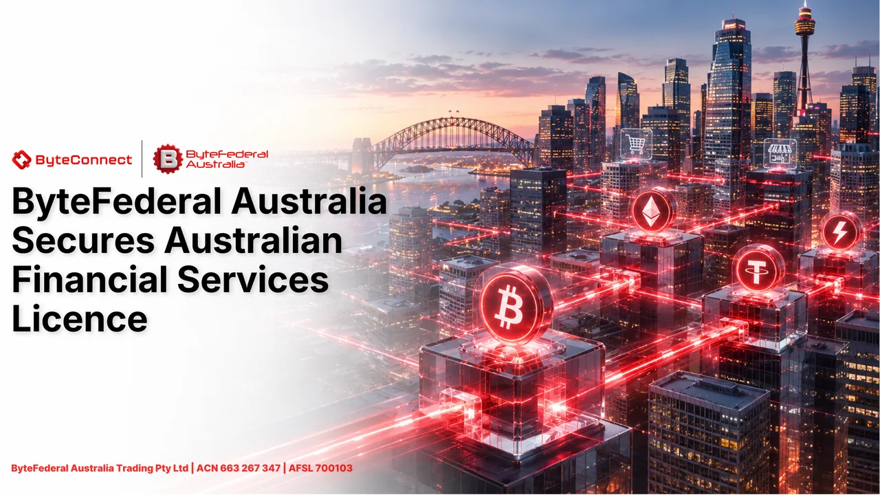 ByteConnect and ByteFederal Australia AFSL 700103 announcement over the Sydney skyline