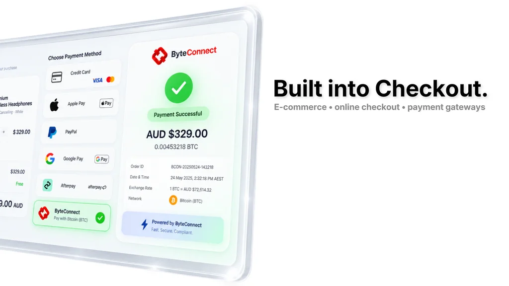 Online checkout with ByteConnect selected and a successful AUD 329 Bitcoin payment