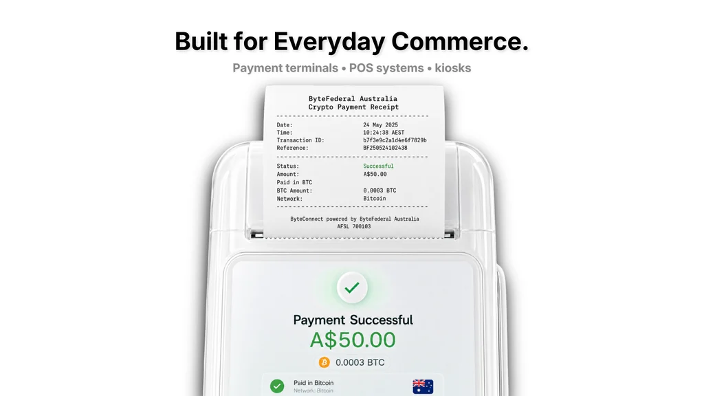ByteConnect payment terminal showing a successful A$50 Bitcoin payment and printed receipt