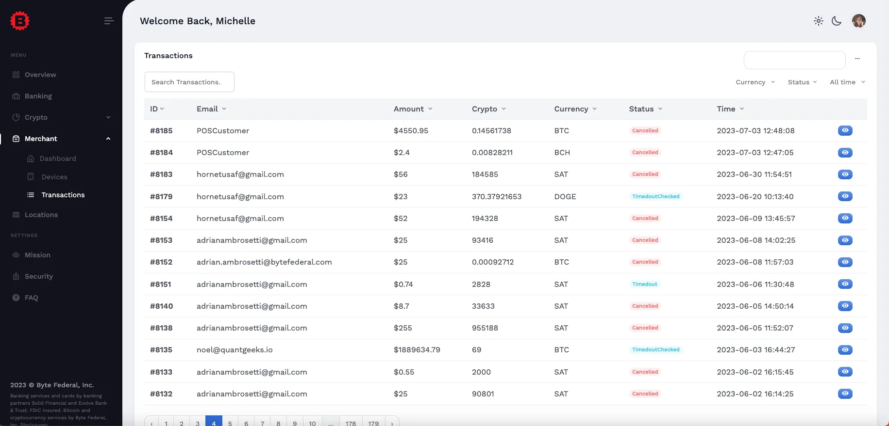 ByteConnect transactions table
